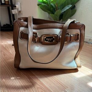 Michael Kors Cream and Brown Leather Satchel with Gold Hardware